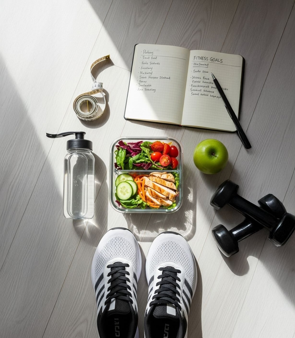 Overhead view of workout essentials: a fitness journal, tape measure, green apple, black dumbbells, clear water bottle, salad with chicken, and white Adidas sneakers on a light wooden floor. Sunlight casts shadows across the scene.