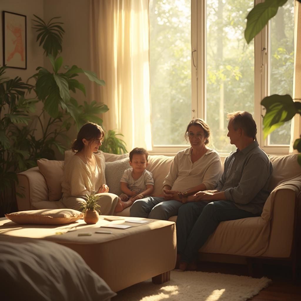 A family of four sits together on a beige couch in a sunlit living room with large windows and green plants, enjoying a relaxed and cozy atmosphere.