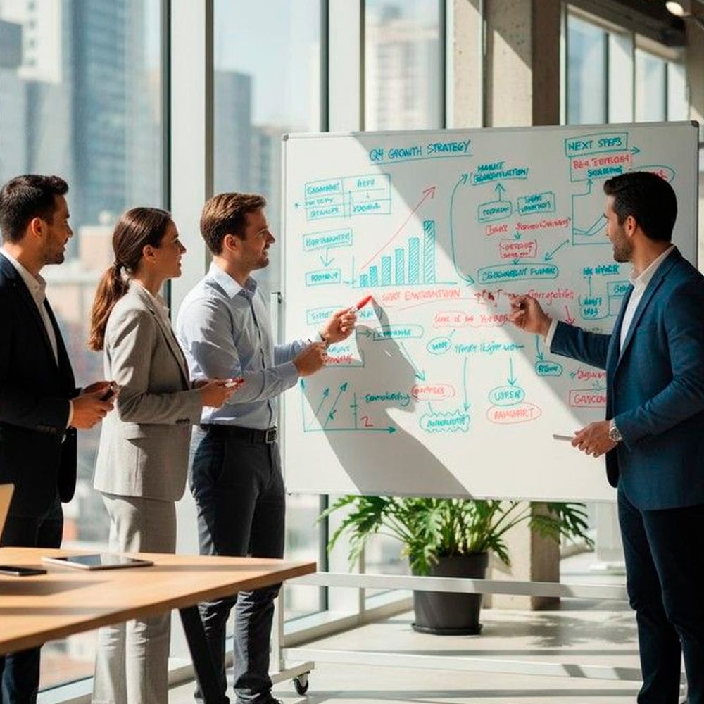 Four business professionals stand by a whiteboard covered in colorful charts and notes, discussing growth strategy in a modern office with large windows and city views in the background.