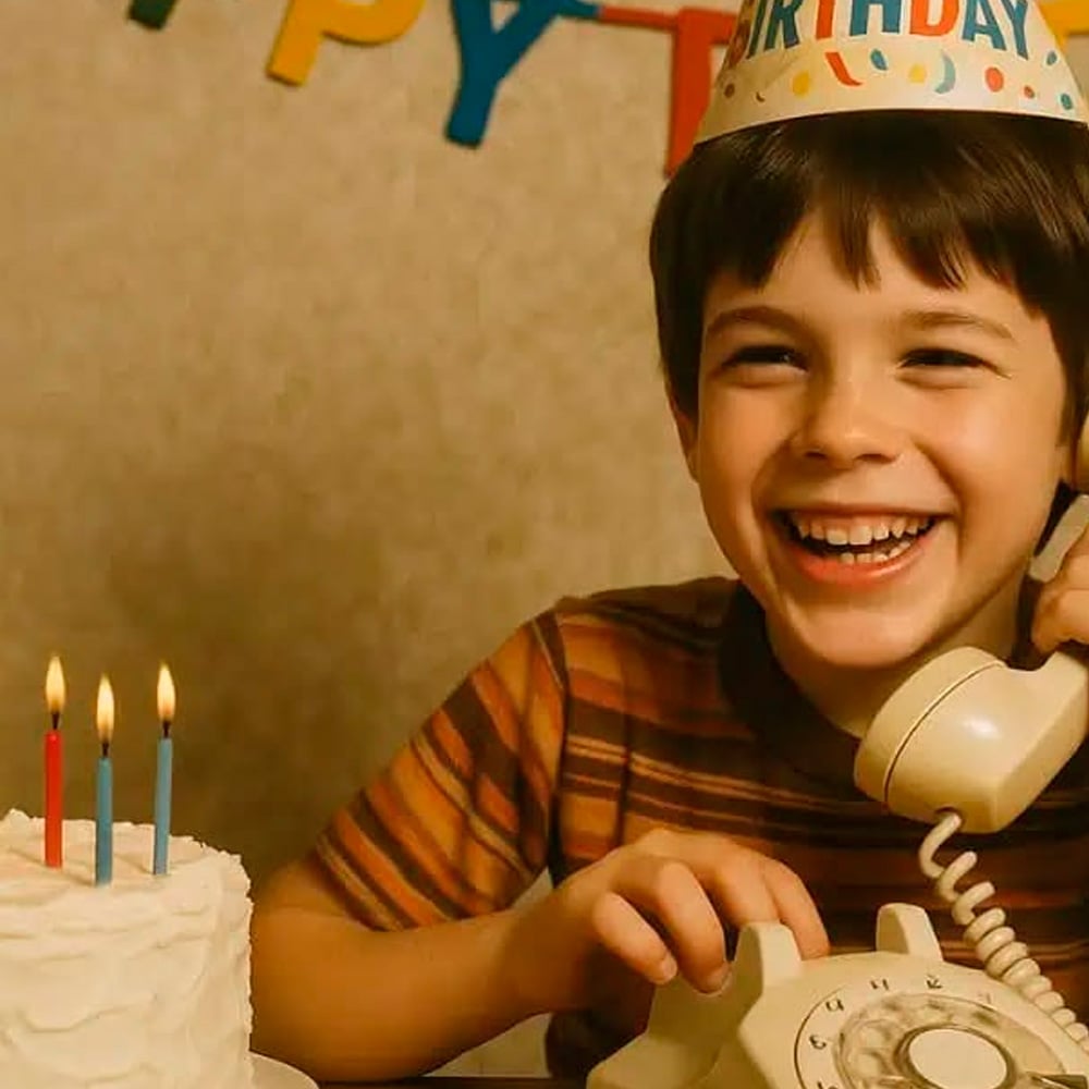 A smiling young boy wearing a birthday hat talks on a rotary phone. In front of him is a cake with four lit candles. Colorful birthday decorations are in the background.
