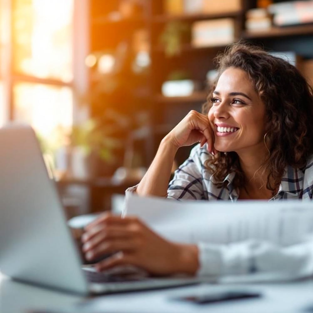 A smiling woman with curly hair sits at a desk, looking to the side while holding papers and working on a laptop in a brightly lit room with shelves in the background.