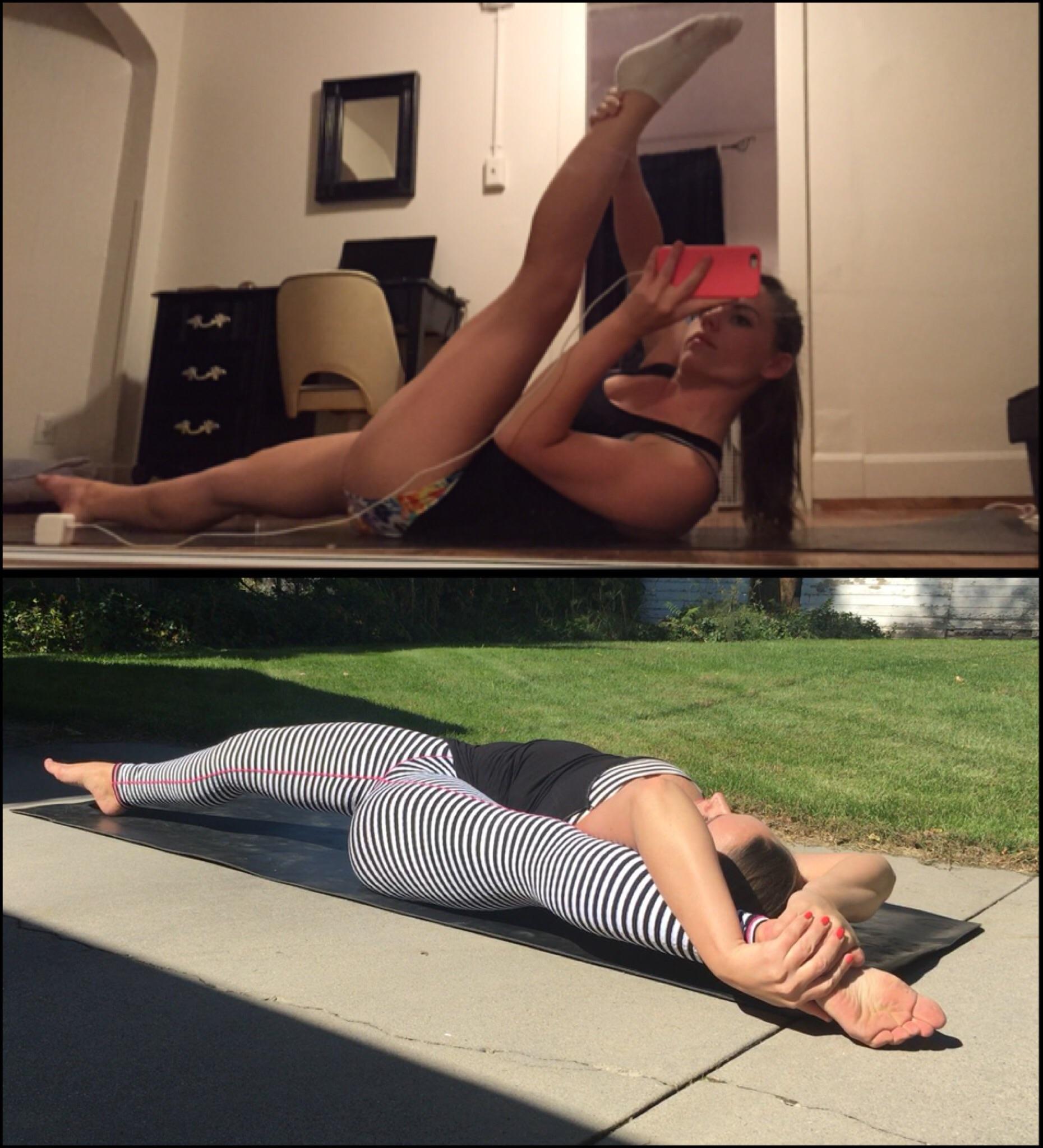 Split image: Top—woman indoors taking a mirror selfie while lying on her side, extending one leg upwards. Bottom—woman outdoors on a yoga mat, lying on her back with one leg bent and the other extended.