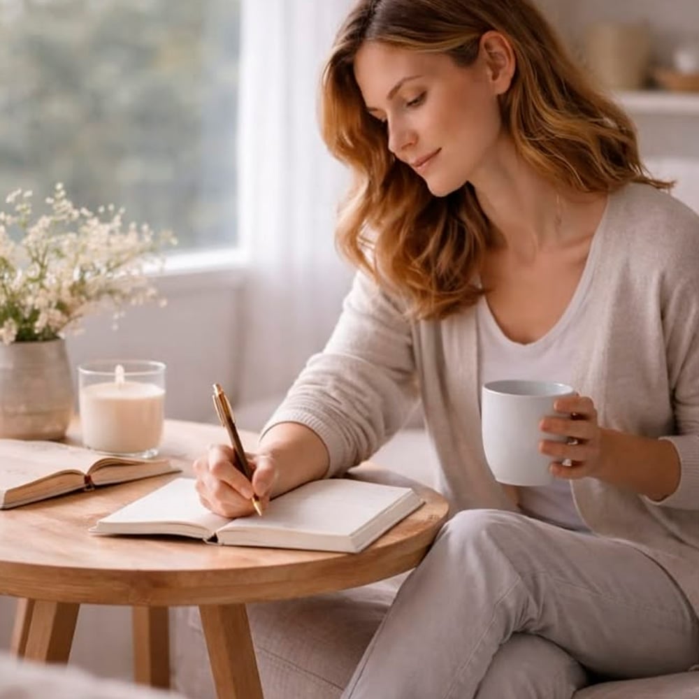 A woman with wavy hair sits at a round wooden table, holding a mug in one hand and writing in a notebook with the other. An open book, a candle, and a vase of flowers are on the table beside her.