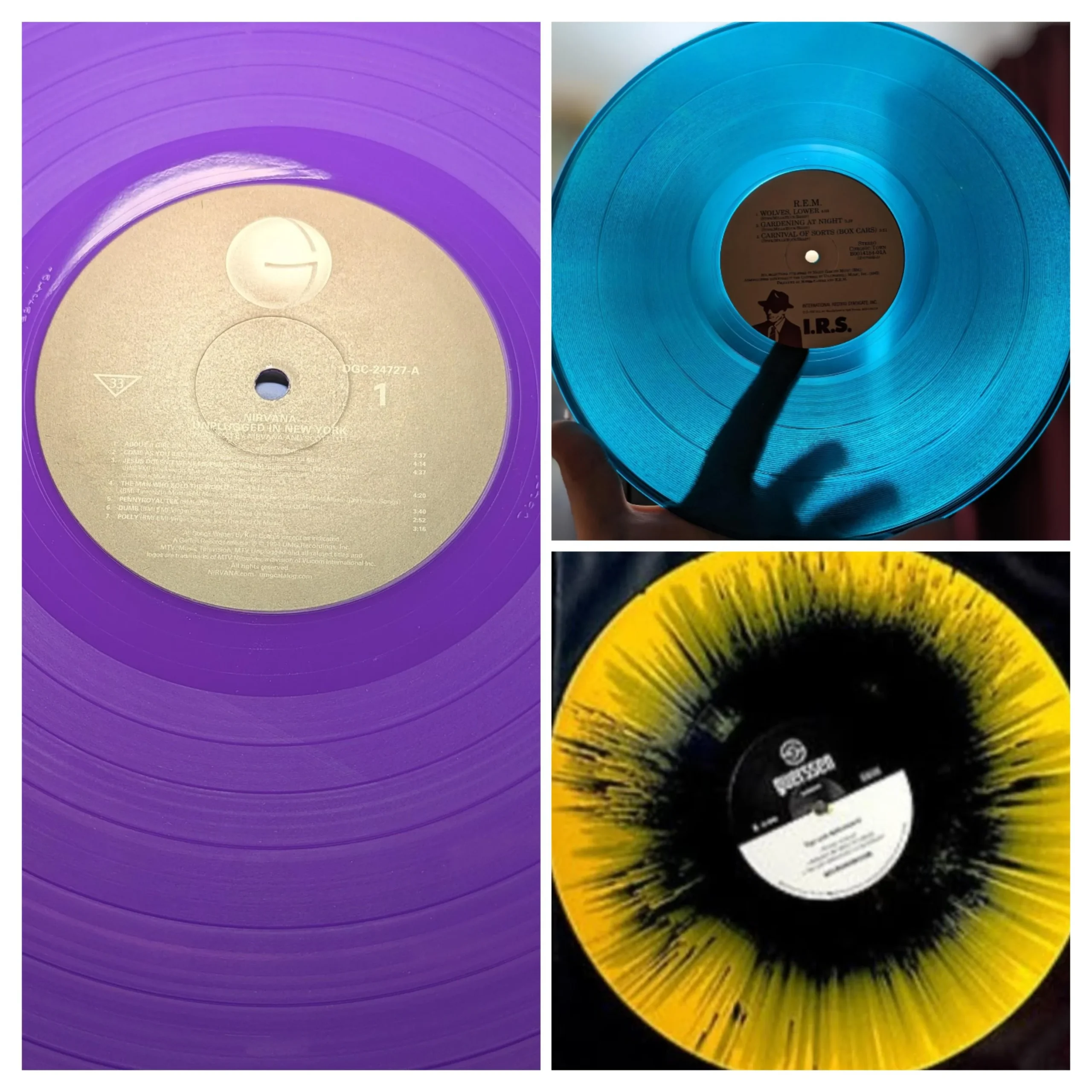 A collage of three vinyl records: a solid purple record, a translucent blue record held up with fingers behind it, and a yellow record with a black splatter pattern around the center label.