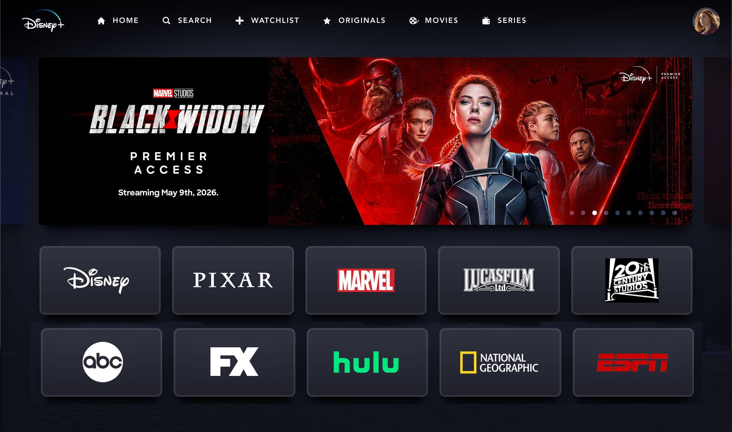 A streaming platform interface displays a "Black Widow" movie banner with characters, and logo buttons below for Disney, Pixar, Marvel, Lucasfilm, 20th Century Studios, ABC, FX, Hulu, National Geographic, and ESPN.