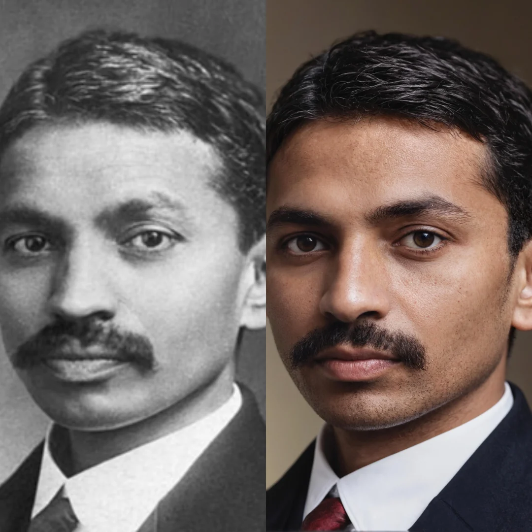 Split image showing two men with similar hairstyles and mustaches; left side is a black-and-white portrait of a man in a suit, right side is a color photo of a younger man in a suit and tie, both looking at the camera.