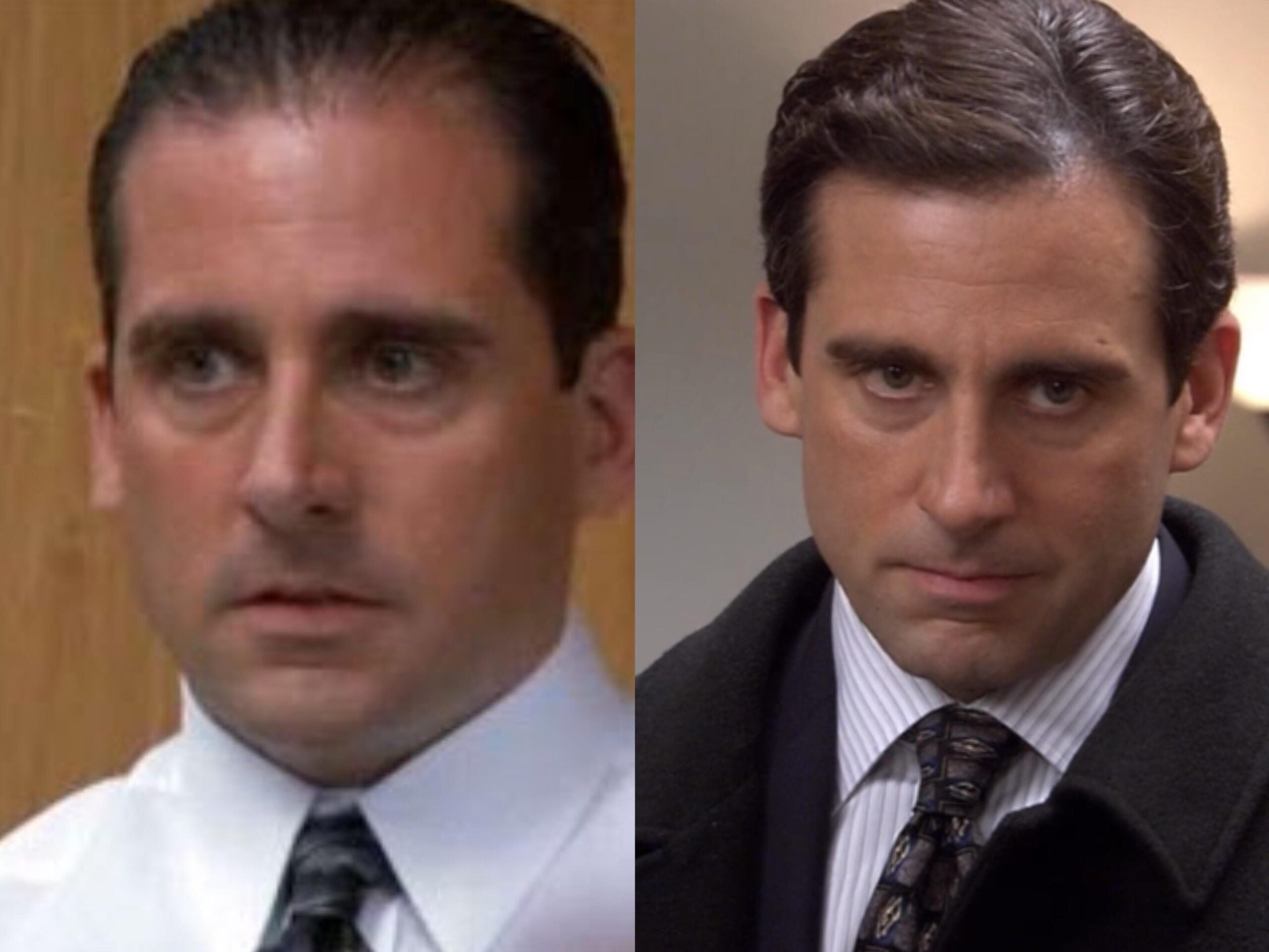 Side-by-side images of the same man with short, dark hair, wearing a suit and tie. On the left, he appears younger and less confident; on the right, he looks older, more serious, and has a more polished appearance.