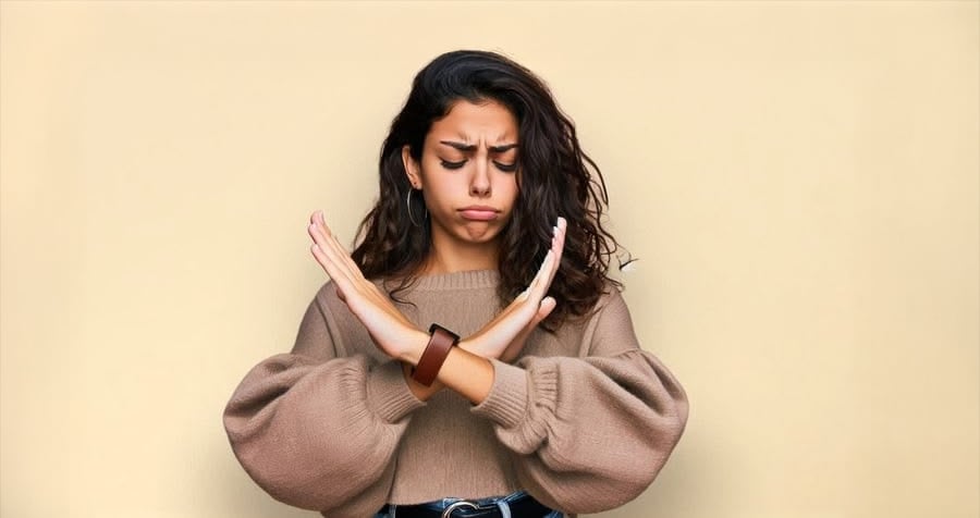 A woman with long dark hair stands against a beige background, crossing her arms in front of her chest to form an "X," with a serious expression and her eyebrows furrowed, indicating refusal or disagreement.