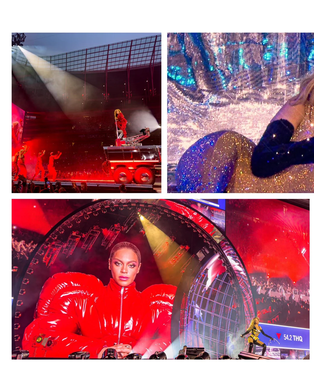 A collage of three images showing a performer in bold costumes on stage with dramatic lighting, dancers, and large screens, creating a vibrant and energetic concert atmosphere.