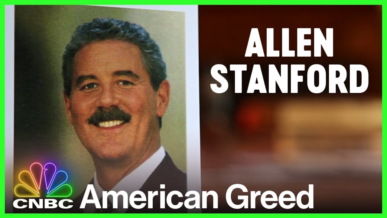 A smiling man with a mustache is shown next to the text "Allen Stanford." The bottom features the CNBC logo and the title "American Greed" on a blurred background.