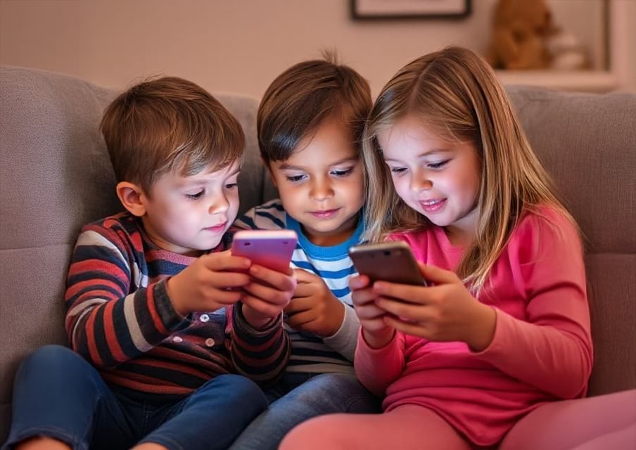 Three young children sitting on a couch, smiling and looking at smartphones they are holding. The room is softly lit, and the children appear engaged with their devices.