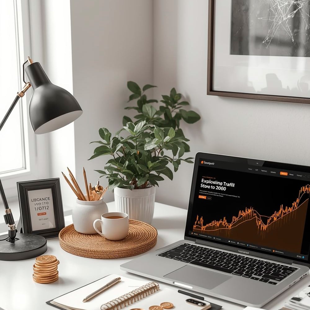 A modern workspace with a laptop displaying a rising graph, potted plant, lamp, coffee mug, coins, saucer, notepad, pen, and framed art on a white desk near a window.