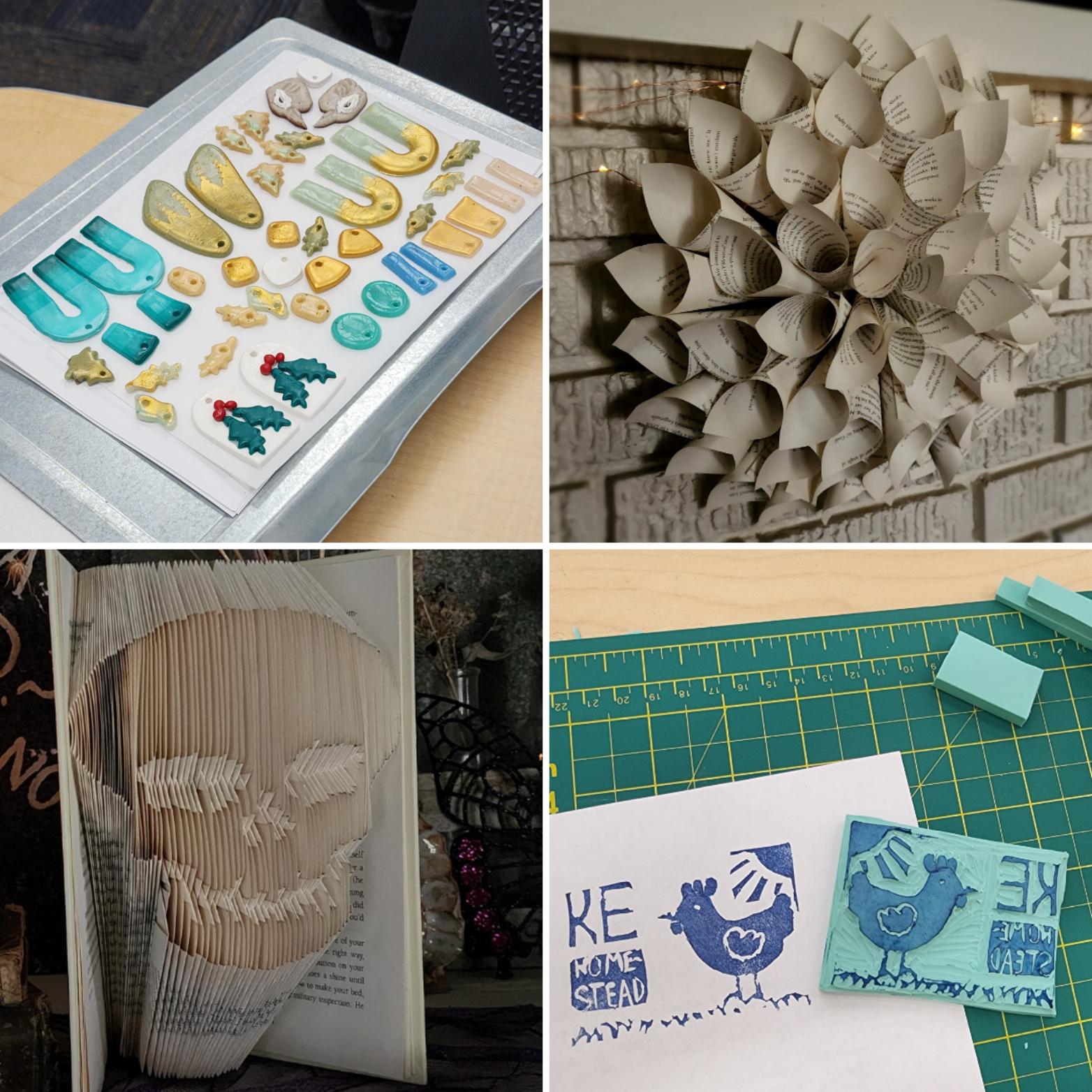 A collage of four images showing handmade crafts: decorated cookies shaped like tools and animals, a wall decoration made from rolled book pages, a book with pages folded into a skull design, and stamped chicken prints with carved stamps.