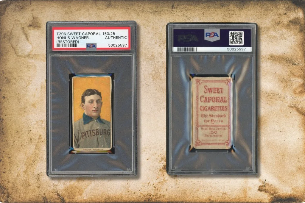Front and back of a rare Honus Wagner T206 baseball card, each encased in a plastic PSA holder. The front shows Wagner in a yellow jersey; the reverse shows a Sweet Caporal Cigarettes ad.
