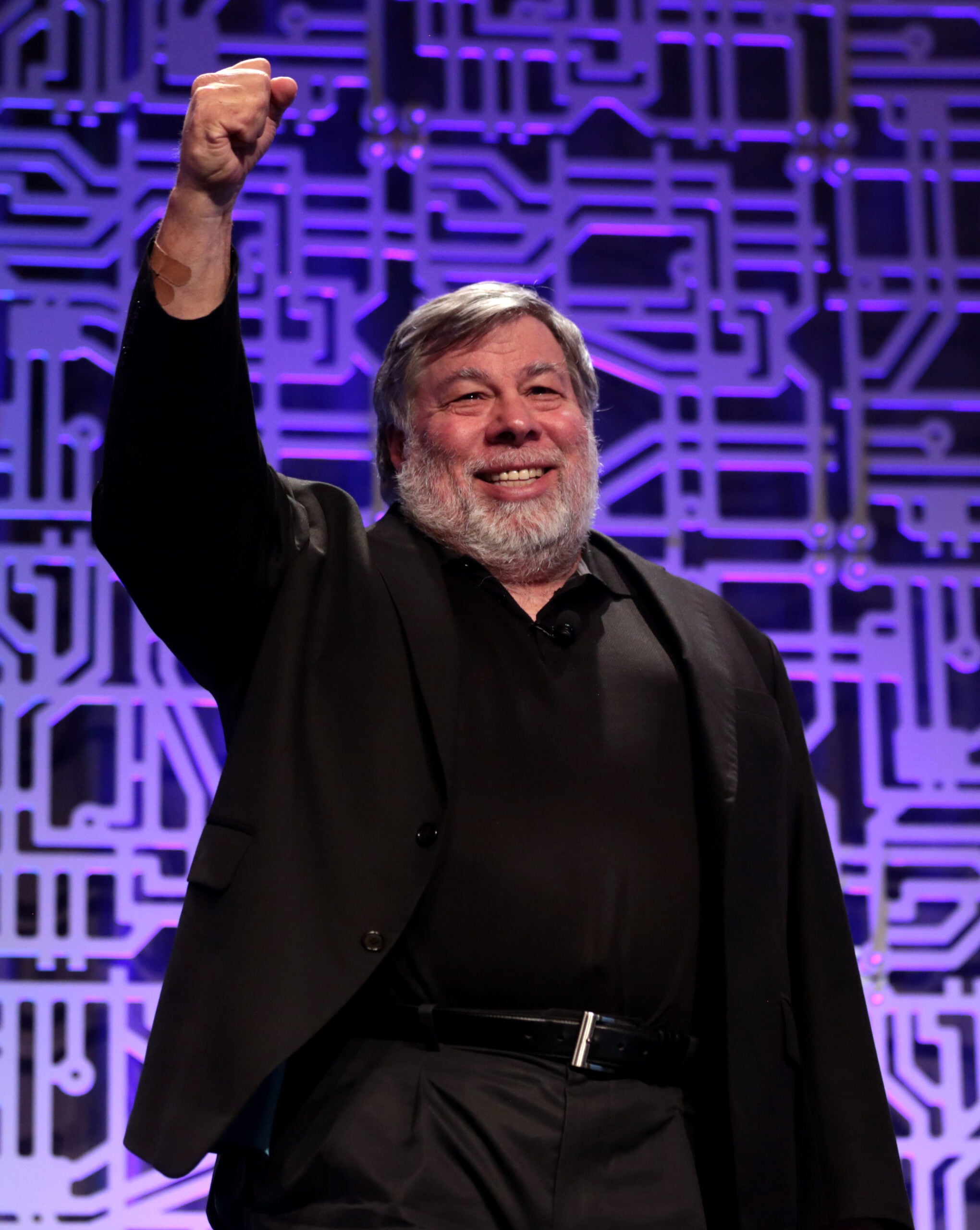 A man with gray hair and a beard, wearing a black suit, smiles and raises his fist triumphantly on stage in front of a patterned purple backdrop.
