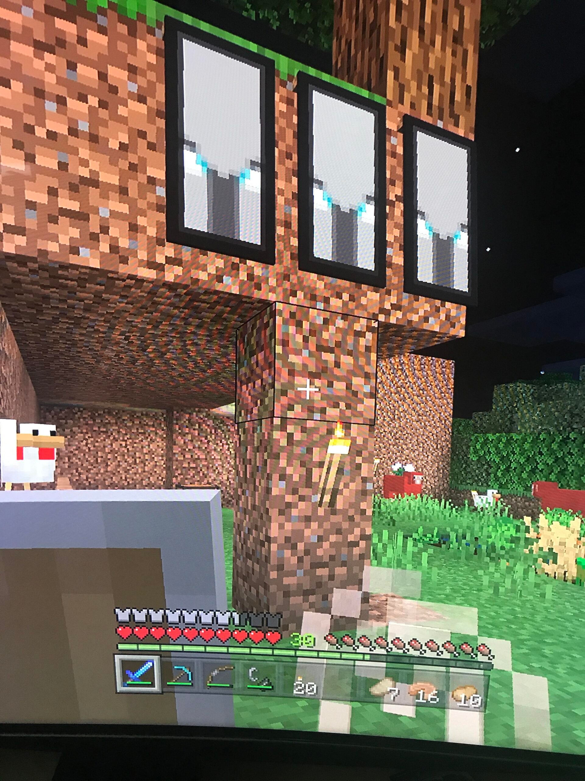 A Minecraft gameplay screen shows a dirt structure with three Illager banners hanging on it, a torch mounted on the wall, and a shield, sword, and various tools in the player's HUD inventory.