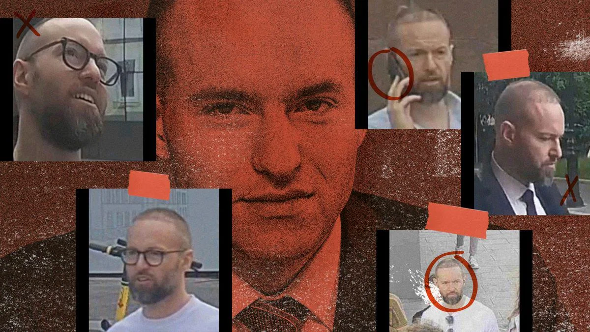 A collage features a large red-tinted portrait of a man in the center, surrounded by six candid photos of a bearded man with glasses, some circled or marked with an X, on a textured brown background.