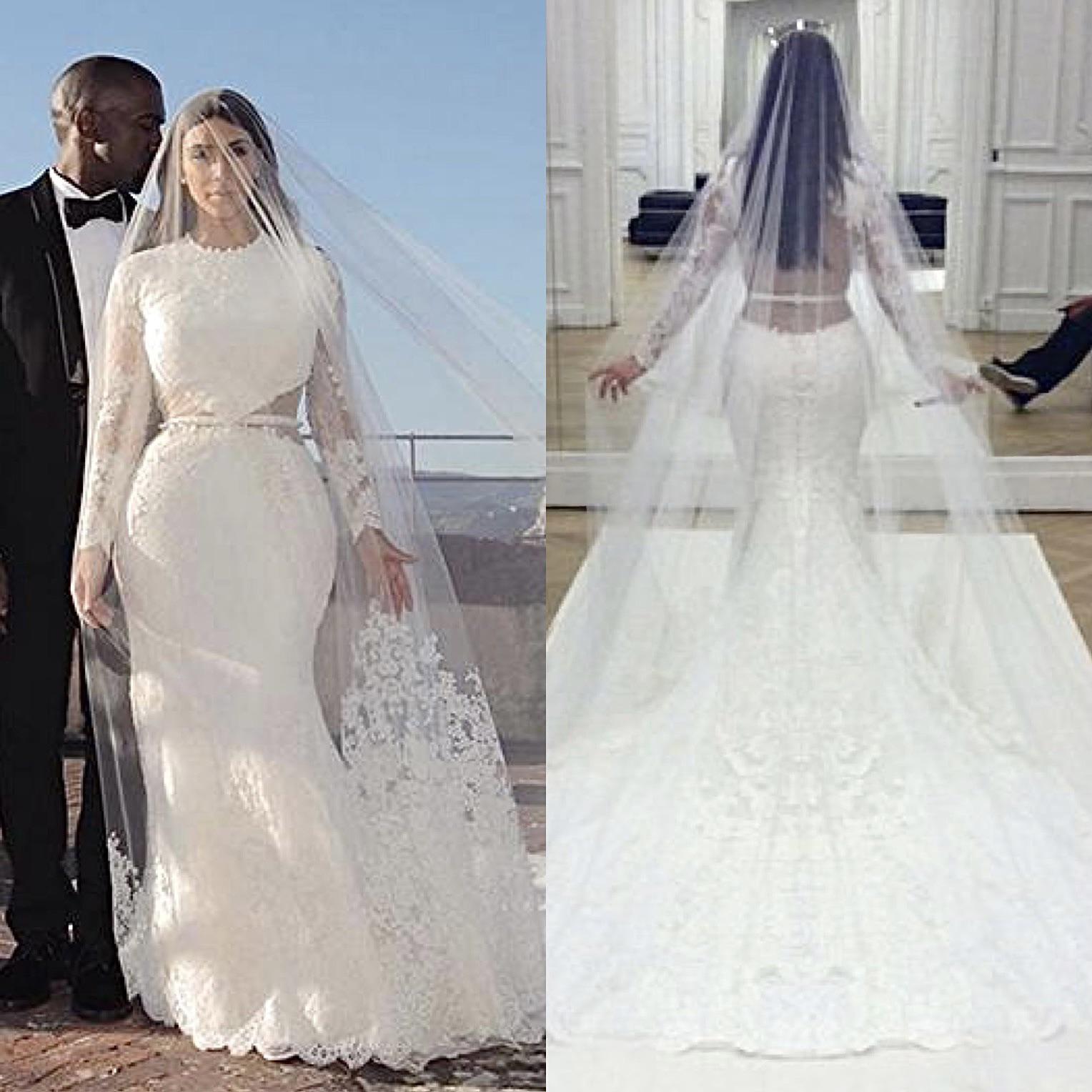 Two views of a woman in a long-sleeved, lace wedding gown with a fitted silhouette and a long veil: one from the front beside a man, and one from the back in a room with white walls and mirrors.