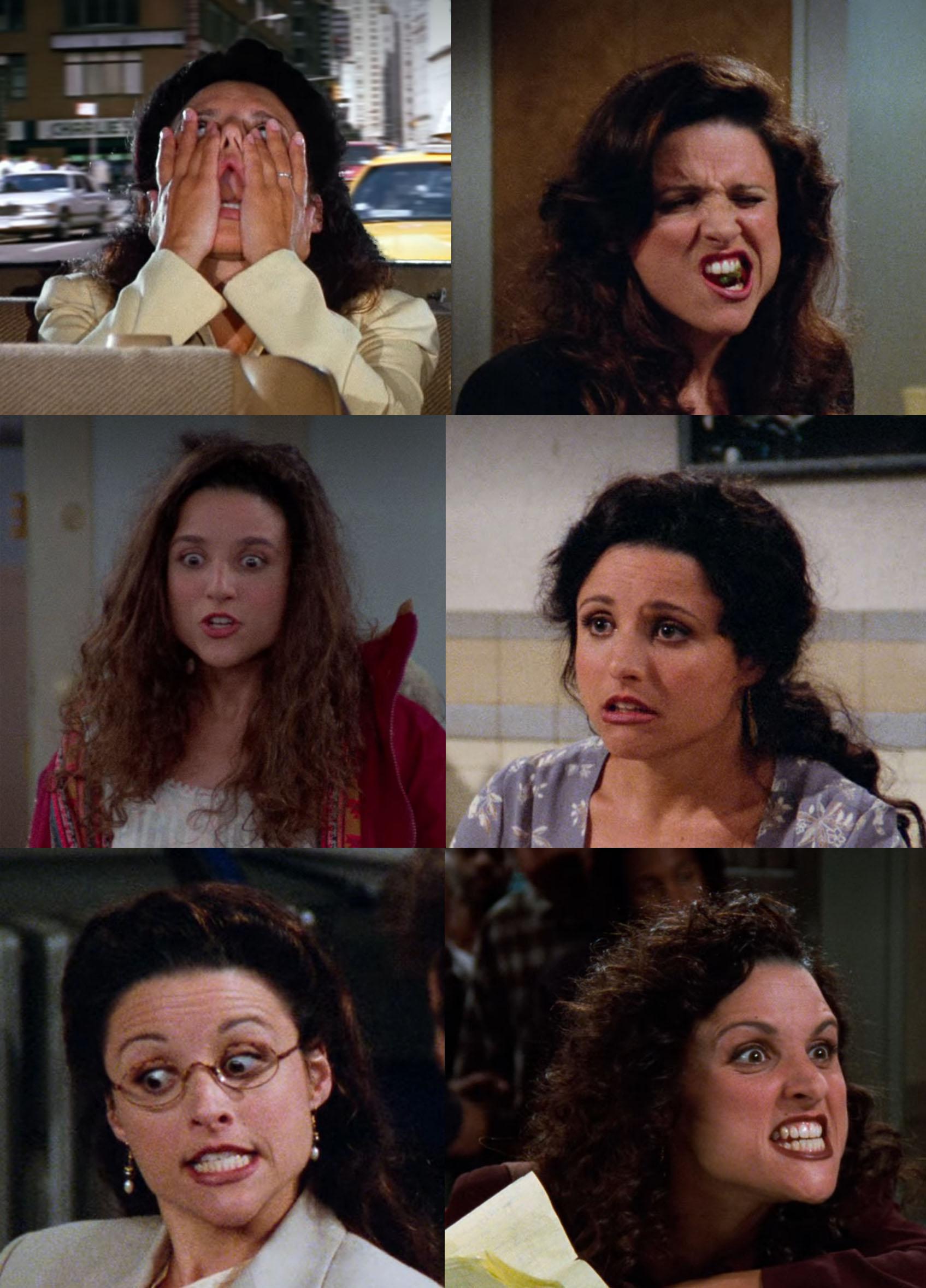 A woman with curly brown hair makes various exaggerated and humorous facial expressions in six different scenes, each showing her reacting with surprise, frustration, confusion, or excitement.