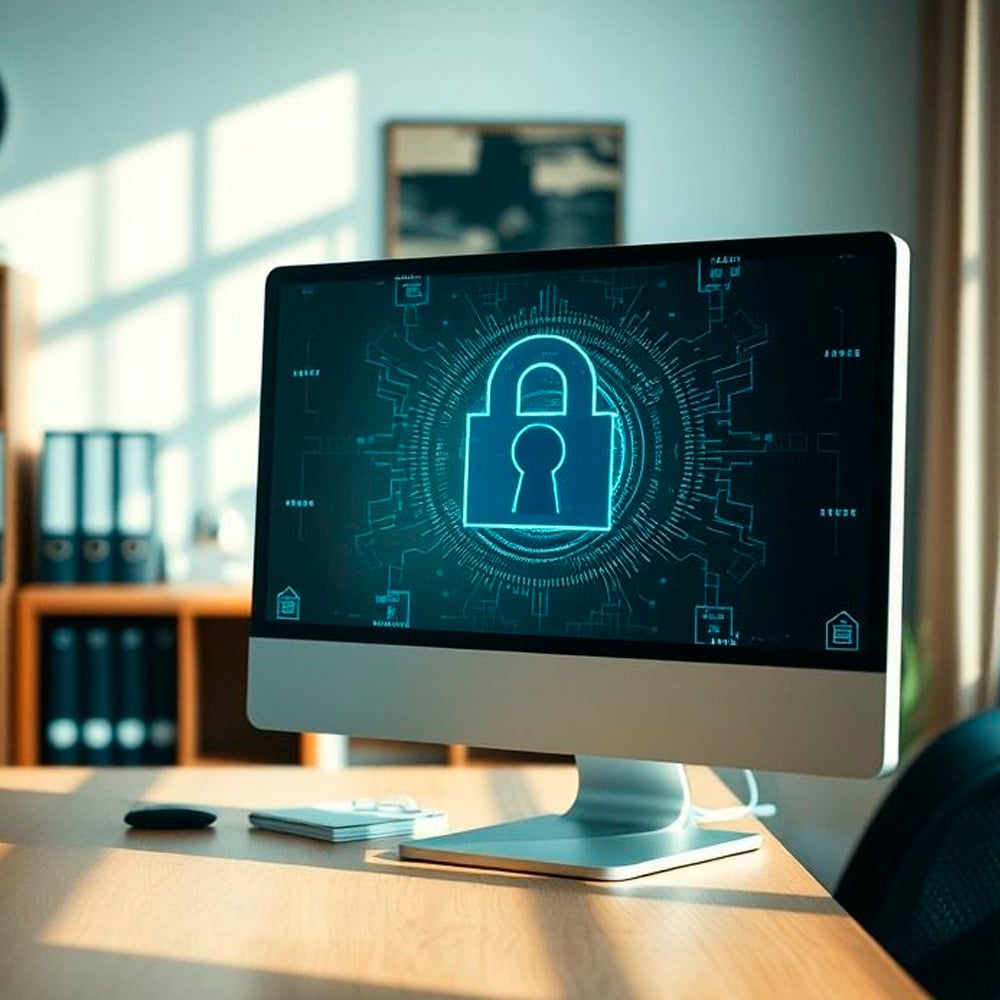 A computer monitor on a desk displays a large digital padlock icon, symbolizing cybersecurity or data protection, in a brightly lit office with shelves and binders in the background.