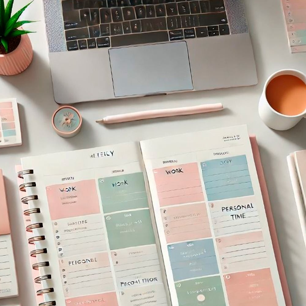 An open pastel-colored planner sits on a desk with a laptop, pen, potted plant, and a cup of coffee. The planner pages are organized with work and personal time blocks in soft pink, blue, and beige sections.