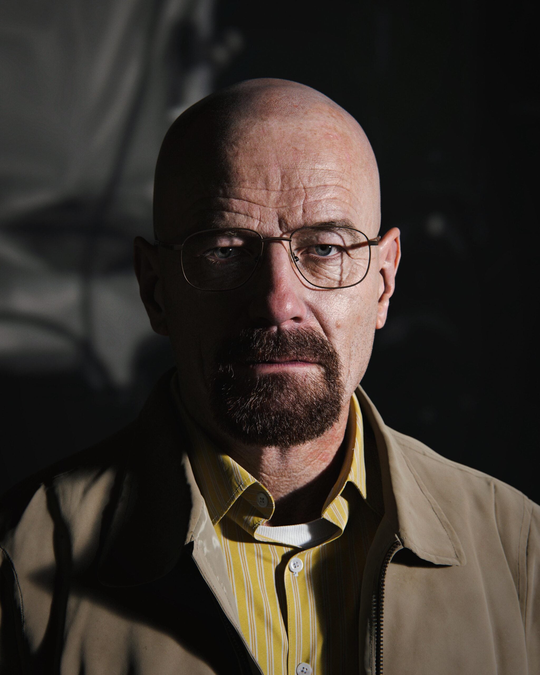 A bald man with glasses, a goatee, and a serious expression stands wearing a beige jacket over a yellow striped shirt, partially illuminated against a dark, shadowy background.