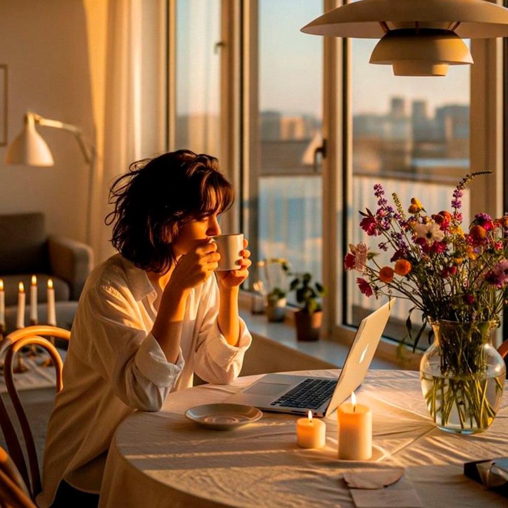 A woman sits at a round table by a window, drinking from a cup and looking at her laptop. The table is decorated with lit candles and a vase of colorful flowers. Warm sunlight fills the cozy, modern room.