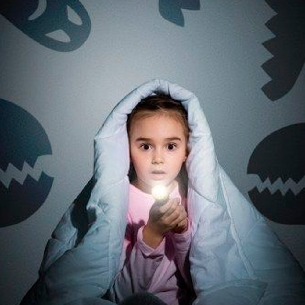 A young child sits under a blanket, holding a flashlight with a surprised expression. Shadowy monster shapes are projected on the wall behind them, creating a spooky atmosphere.