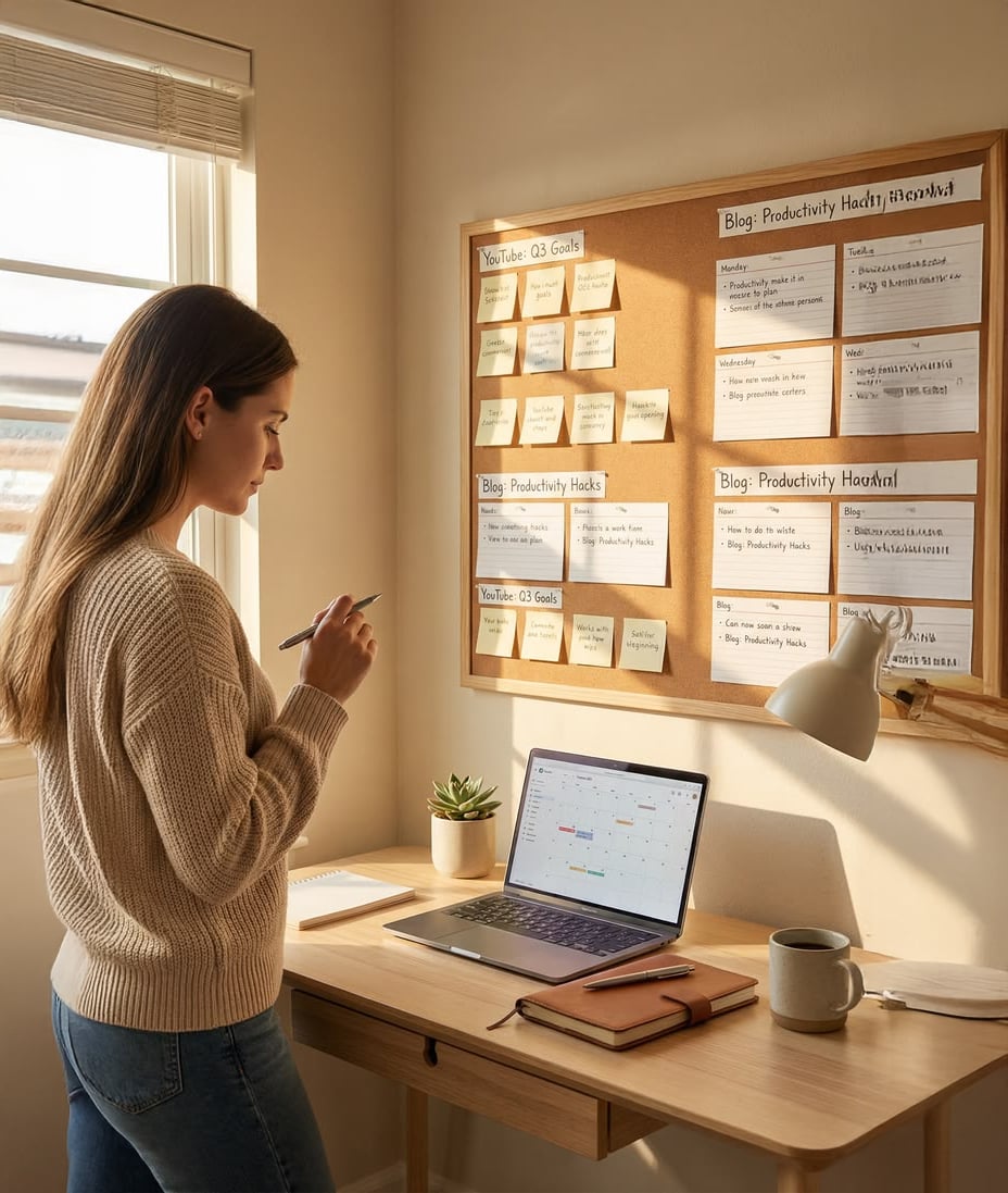 A woman stands at a desk with a laptop, notepad, and plant, looking at a corkboard covered in blog plans and sticky notes under sunlight from a window. The workspace is tidy and organized.