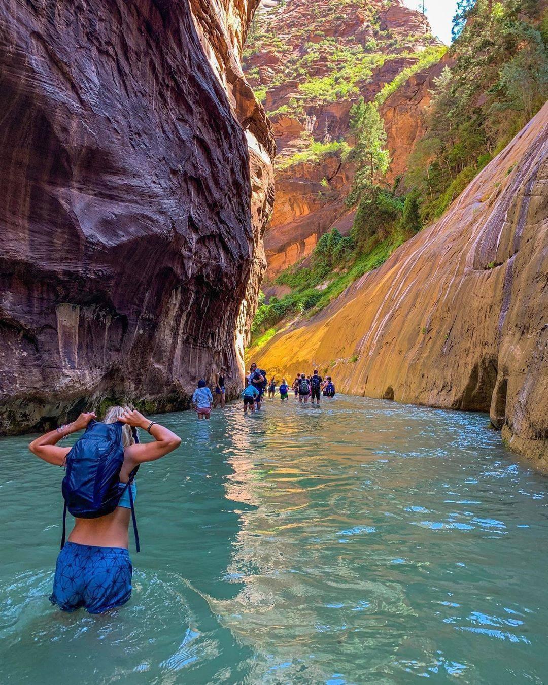 A group of hikers wade through waist-deep water between tall canyon walls, surrounded by rocky cliffs and greenery under bright sunlight.