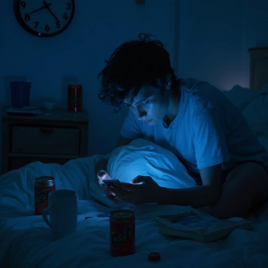 A person sits on a bed in a dark room, lit by the blue glow of a phone. An alarm clock on the wall shows 2:10. Soda cans, a mug, and a book rest on the bed and nearby nightstand.
