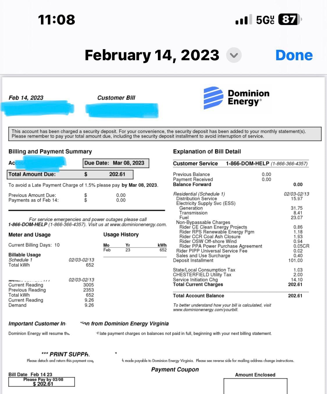 A screenshot of a Dominion Energy bill dated February 14, 2023, showing a total amount due of $202.61, billing details, usage history graph, payment coupon, and customer service contact information.