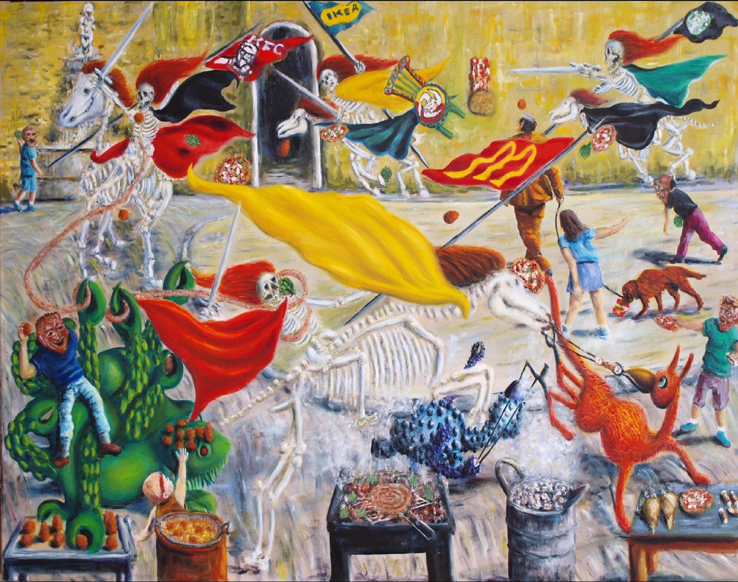 Colorful, surreal scene of skeletons riding unicorns and mythical creatures, brandishing flags, with people and children fleeing. Food, banners, and bizarre animals fill the chaotic, carnival-like street setting.