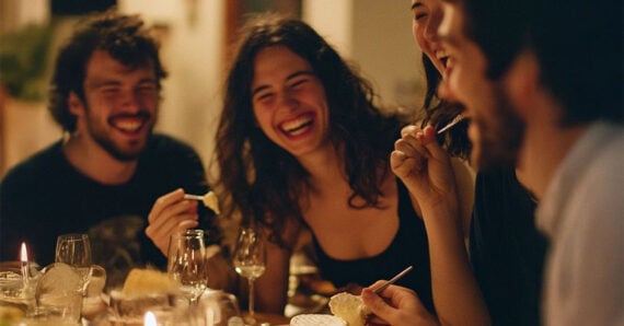 A group of friends sits around a candlelit table, laughing and enjoying food and drinks together in a warm, joyful atmosphere.