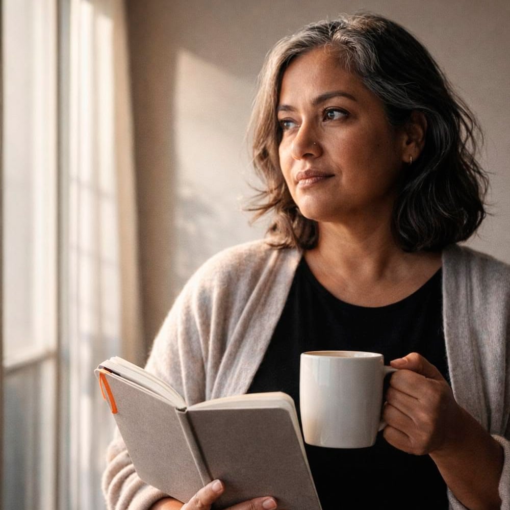 A woman with shoulder-length gray hair holds a white mug and an open book, gazing thoughtfully out of a window with soft natural light. She wears a light cardigan over a dark top.