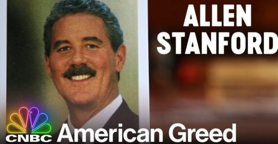 A headshot of a smiling man with a mustache appears beside the bold text "ALLEN STANFORD." The CNBC logo and "American Greed" title are at the bottom of the image.