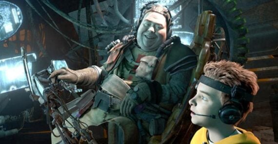 Two animated characters sit in a futuristic, cluttered control room with glowing screens. One is a heavyset adult in a makeshift pilot suit smiling and operating controls; the other is a boy wearing a headset, looking ahead.
