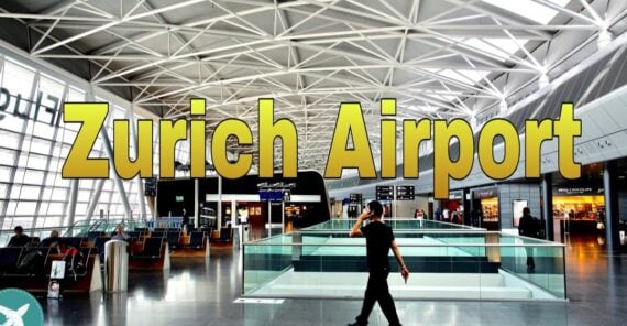 A person walks inside a modern, spacious airport terminal with high ceilings and large windows. Bold yellow text across the image reads "Zurich Airport.