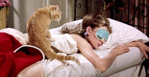 A woman lies face down on a bed, wearing a turquoise sleep mask and earrings, partially covered by a white sheet. An orange cat sits beside her, and a red blanket is draped over the bed.