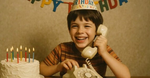 A smiling boy wearing a birthday hat talks on a rotary phone. In front of him is a white frosted cake with colorful candles. A "Happy Birthday" banner hangs in the background.