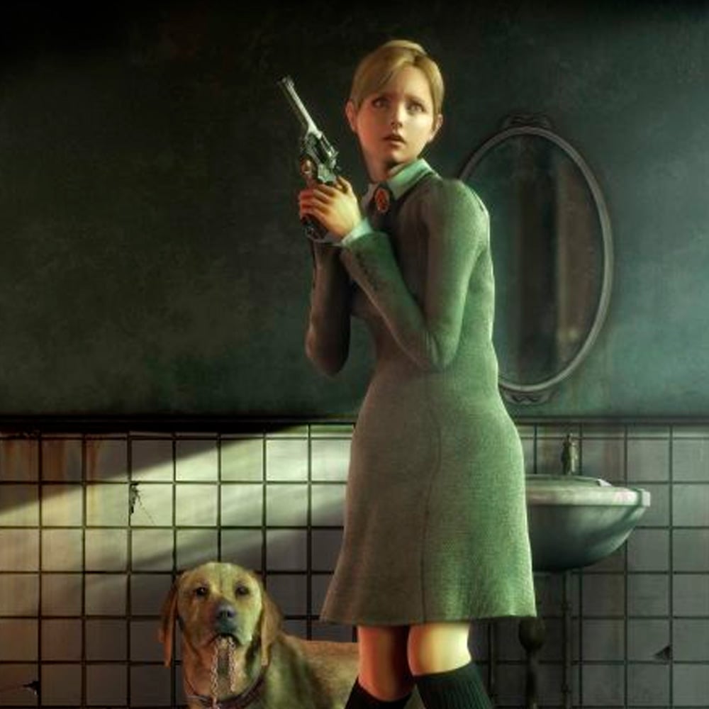 A young woman in a gray dress holds a revolver nervously in a dim, tiled bathroom, with a round mirror and sink behind her. A dog sits beside her, looking alert. The scene appears tense and suspenseful.