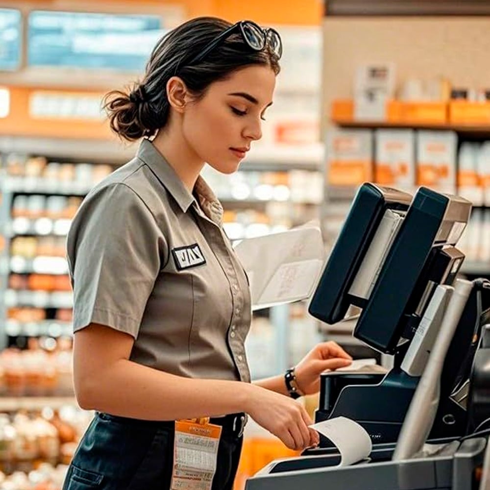 A grocery store cashier in uniform stands at a checkout register, printing a receipt. Shelves with products are visible in the background. The cashier appears focused on her work.