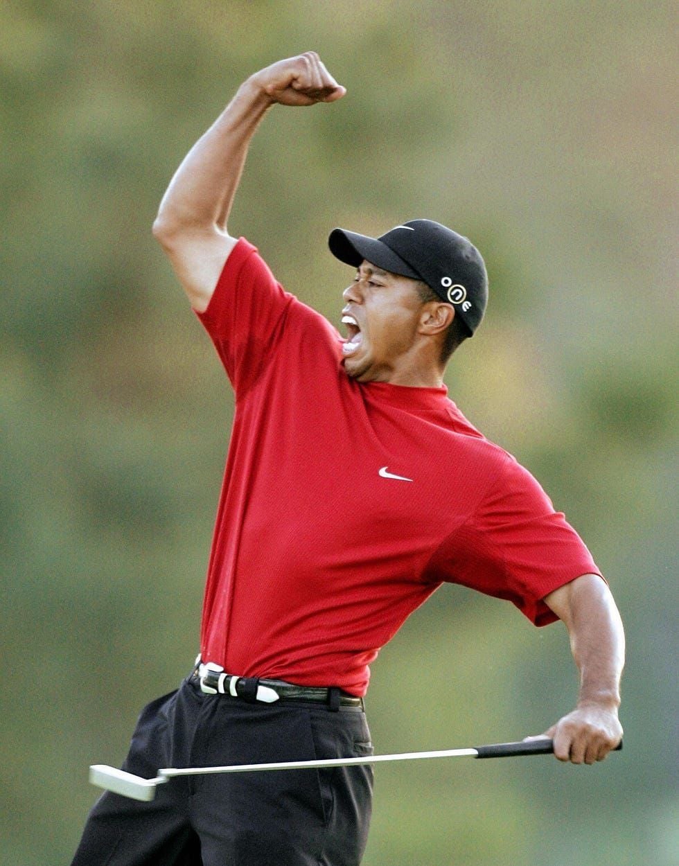 A golfer wearing a red shirt and black hat celebrates with a raised fist, mouth open in excitement, while holding a putter in his other hand on a golf course.