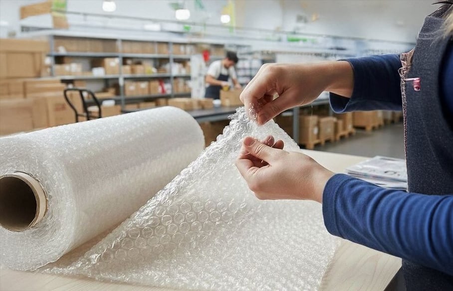 A person stands at a table, popping bubble wrap from a large roll in a warehouse or packing facility, with shelves of boxes and supplies visible in the background.