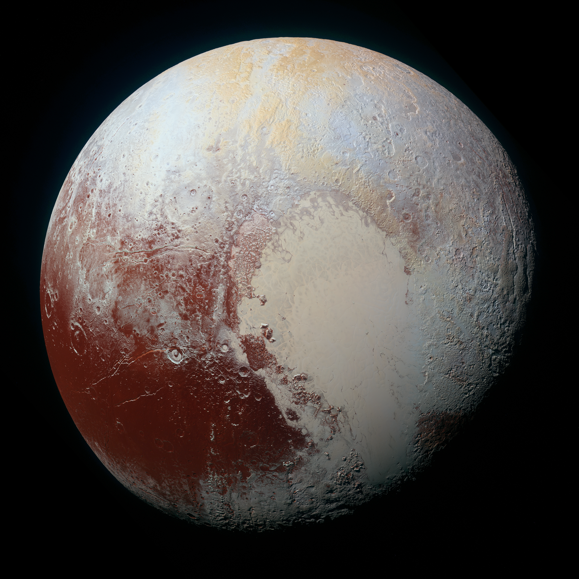 A detailed, color-enhanced image of Pluto shows a round, icy surface with reddish and white regions, featuring a large, heart-shaped area known as Tombaugh Regio, and visible craters and textured terrain.