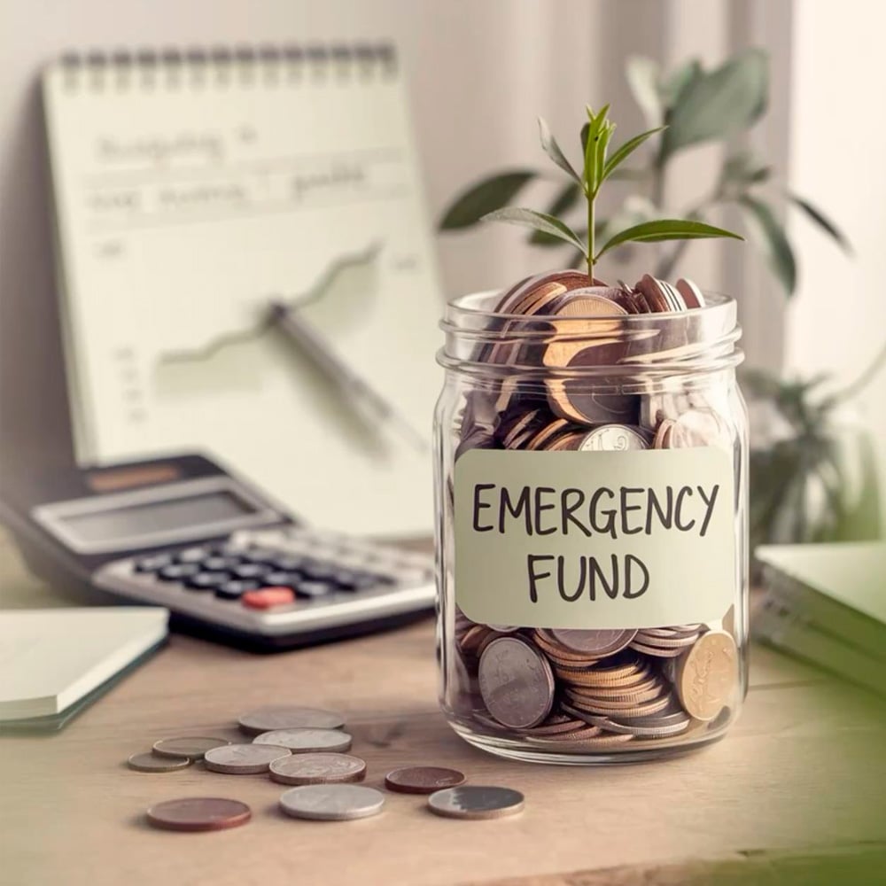 A glass jar labeled "Emergency Fund" filled with coins, with a small plant sprouting from the top. Nearby are scattered coins, a calculator, and a notepad with financial charts in the background.