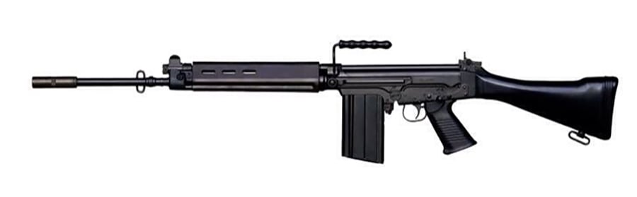 A black battle rifle with a long barrel, carrying handle, and box magazine, shown in a side profile against a white background.