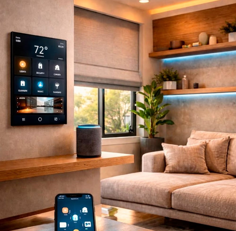 A modern living room with a smart home control panel on the wall, a smartphone displaying the same interface, a smart speaker on the table, a sofa, shelves with decor, and a large window with natural light.