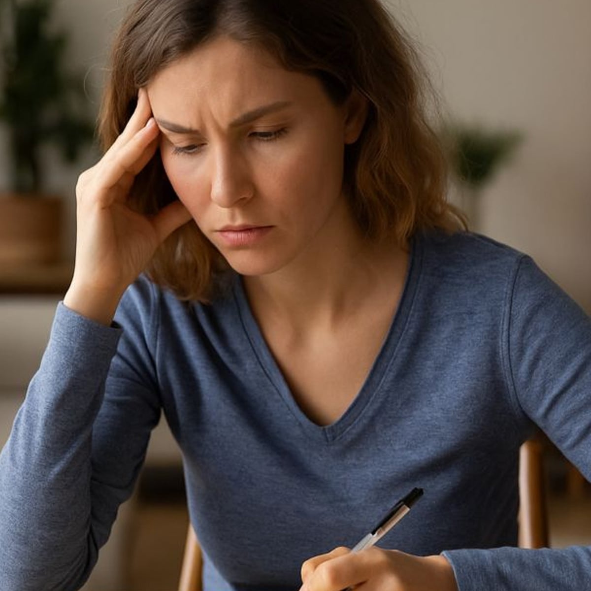A woman with wavy brown hair wearing a blue long-sleeve shirt sits at a table, looking concerned and holding her head with one hand while writing with a pen in the other.