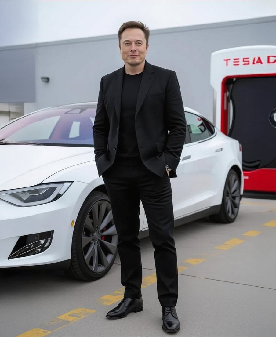A man in a black suit stands in front of a white car at a charging station. The background includes a Tesla charging unit and a gray building.